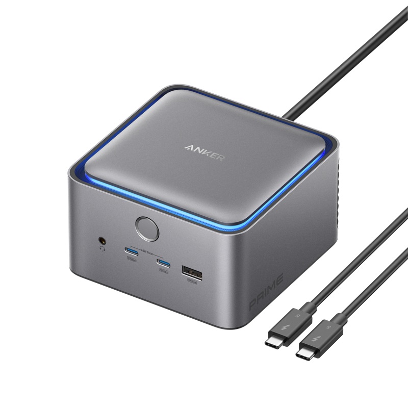 Anker Prime Thunderbolt 5 dock with blue LED accent and dual TB5 cables
