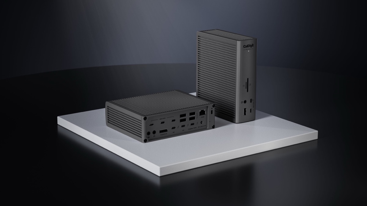 CalDigit TS5 Plus Thunderbolt 5 dock in horizontal and vertical orientations