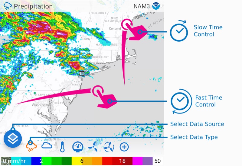 Flowx weather app showing animated forecast map with wind and precipitation layers