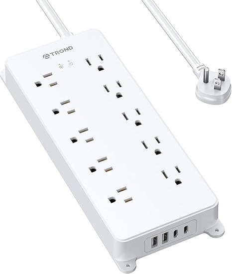 TROND Prime VIII 10-outlet surge protector with USB ports and flat plug