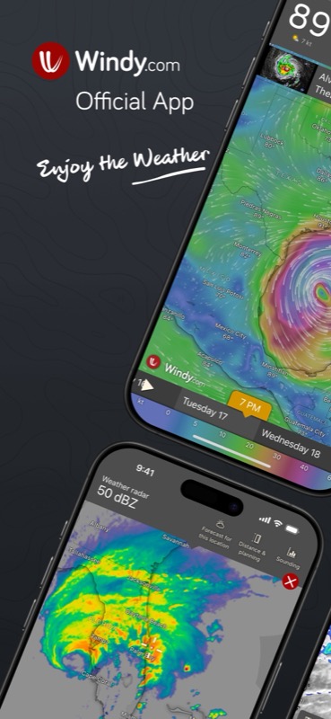 Windy weather app showing animated wind and radar map on mobile